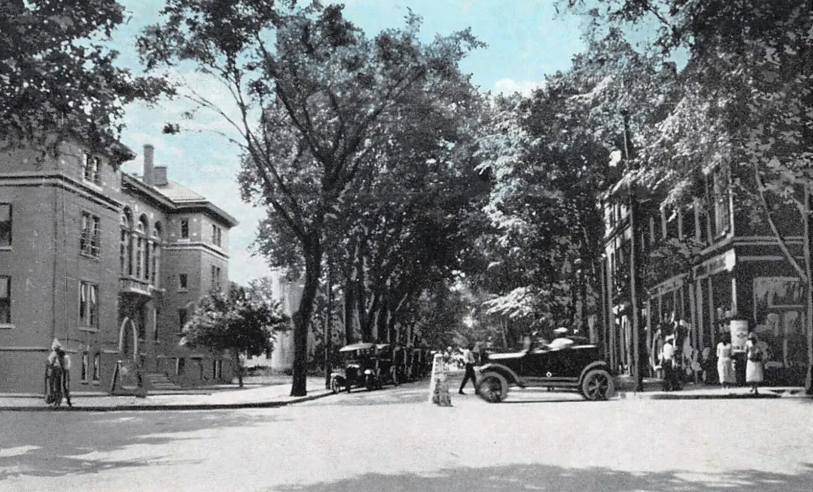 Tinted 1926 postcard of a tree-lined Main Street in York, SC, with early automobiles parked by brick buildings