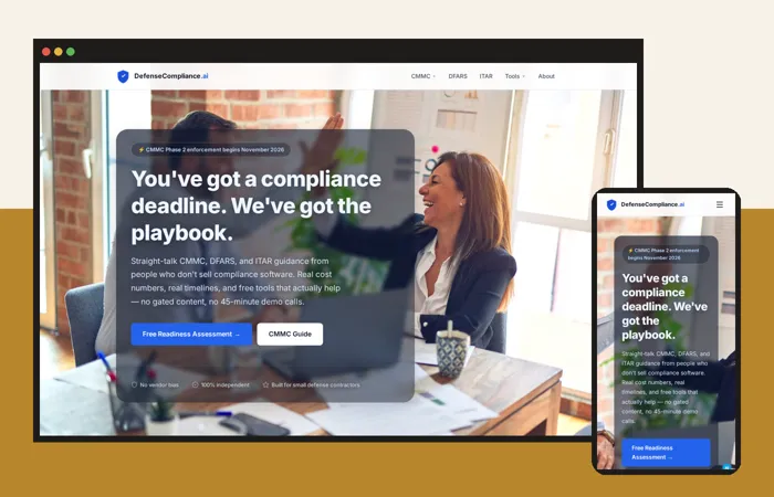 DefenseCompliance.ai website shown on a laptop and phone