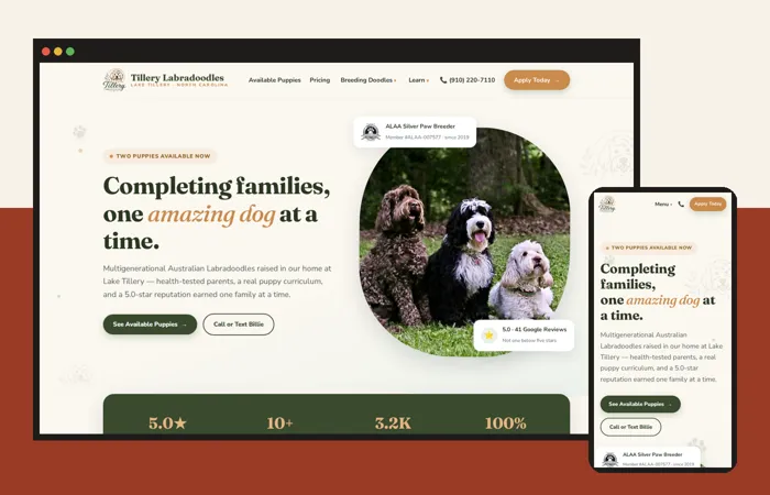 Tillery Labradoodles website shown on a laptop and phone